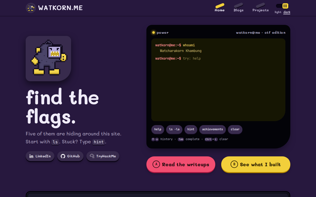 Home page in the dark theme, with the grape console shell and the backlit terminal