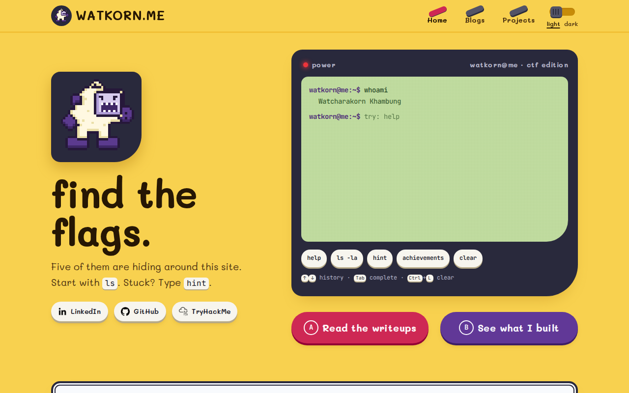 Home page in the light theme, with the pixel yeti, the "find the flags." dare and the LCD terminal